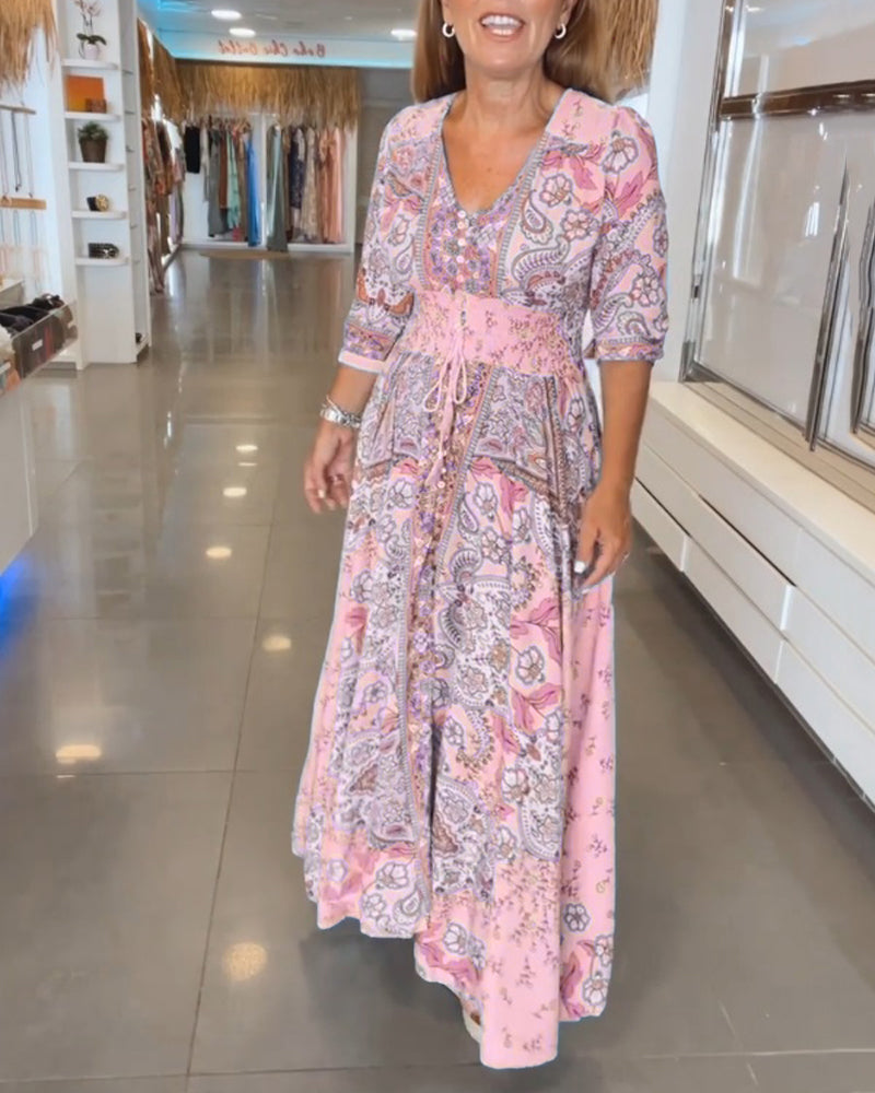 Dames Maxi Jurk Boho Print | Lange Jurk met V-Hals en Gesmokte Taille