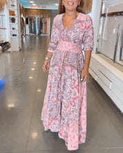 Dames Maxi Jurk Boho Print | Lange Jurk met V-Hals en Gesmokte Taille