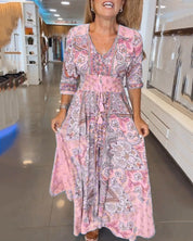 Dames Maxi Jurk Boho Print | Lange Jurk met V-Hals en Gesmokte Taille