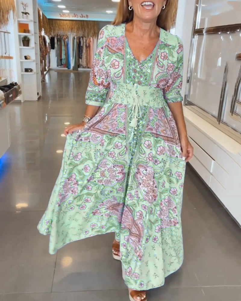 Dames Maxi Jurk Boho Print | Lange Jurk met V-Hals en Gesmokte Taille