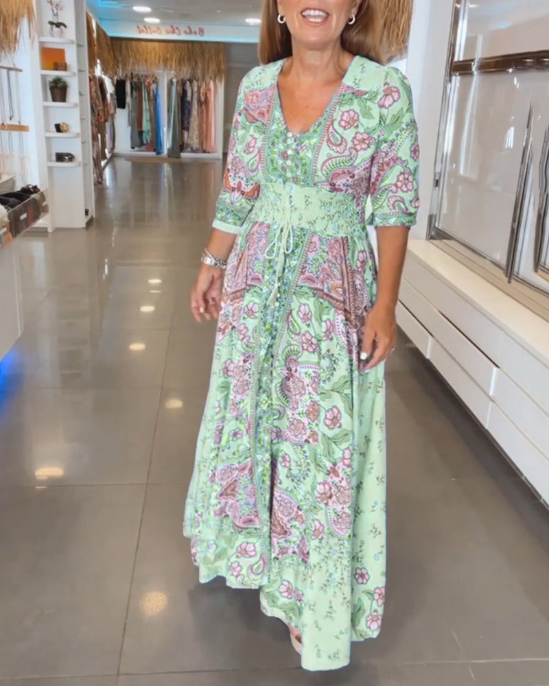 Dames Maxi Jurk Boho Print | Lange Jurk met V-Hals en Gesmokte Taille