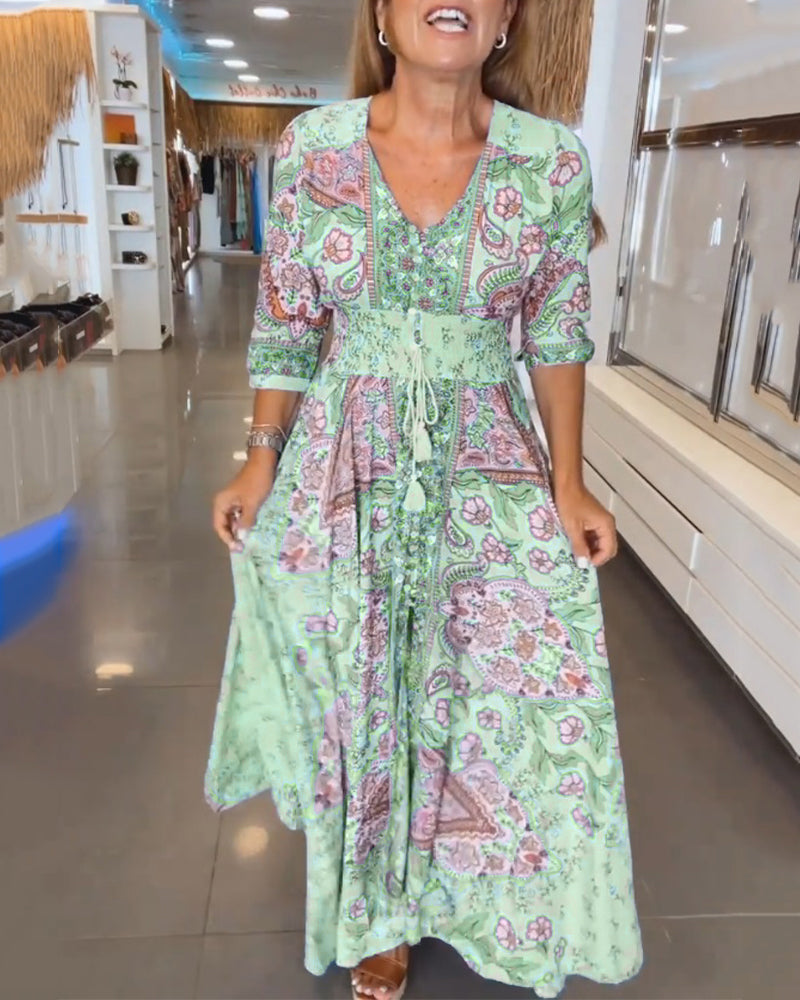 Dames Maxi Jurk Boho Print | Lange Jurk met V-Hals en Gesmokte Taille