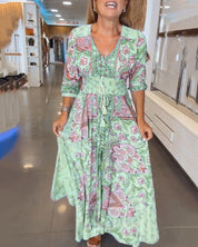 Dames Maxi Jurk Boho Print | Lange Jurk met V-Hals en Gesmokte Taille