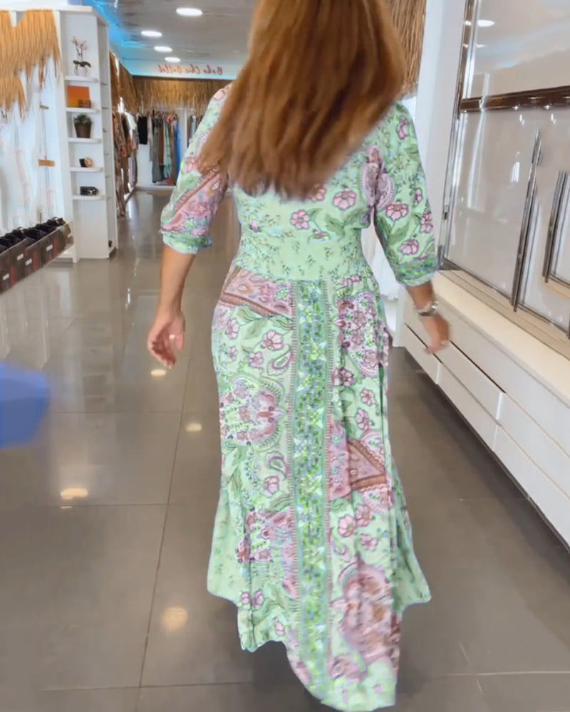 Dames Maxi Jurk Boho Print | Lange Jurk met V-Hals en Gesmokte Taille