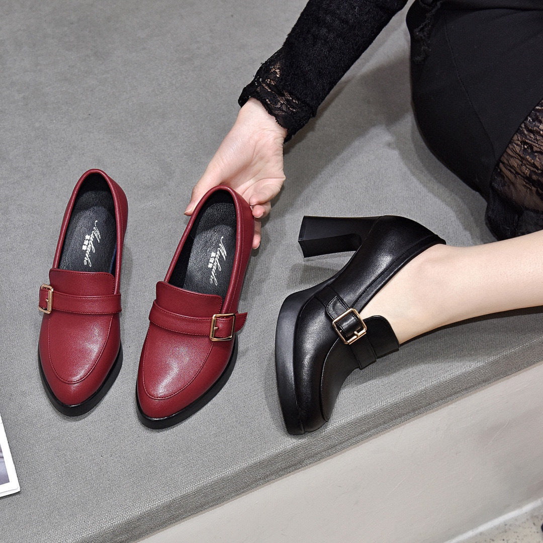 Dames Instappers met Hoge Blokhak | Loafers Stijl met Gespdetail
