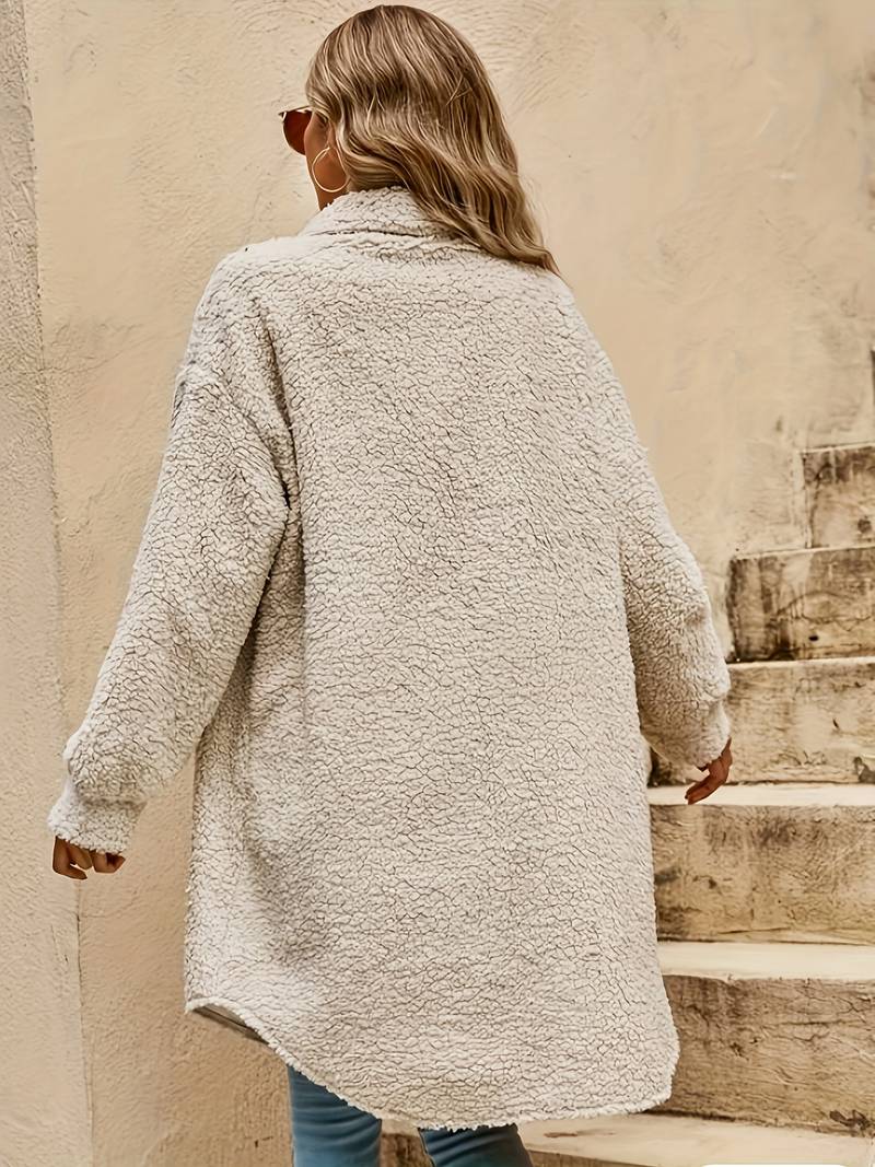 Dames teddy jas lang | Warme oversized shacket met knopen