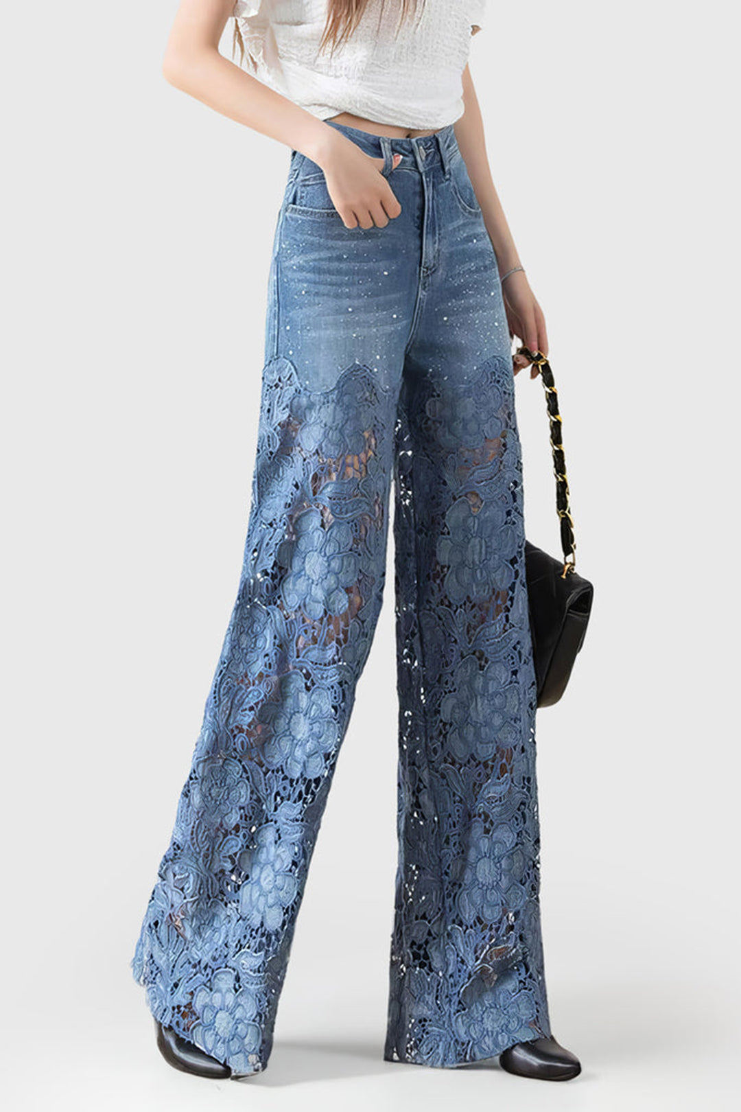 High waist dames jeans met kant borduurwerk | Wide Leg