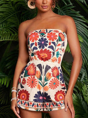 Dames zomerjumpsuit strapless met bloemenprint