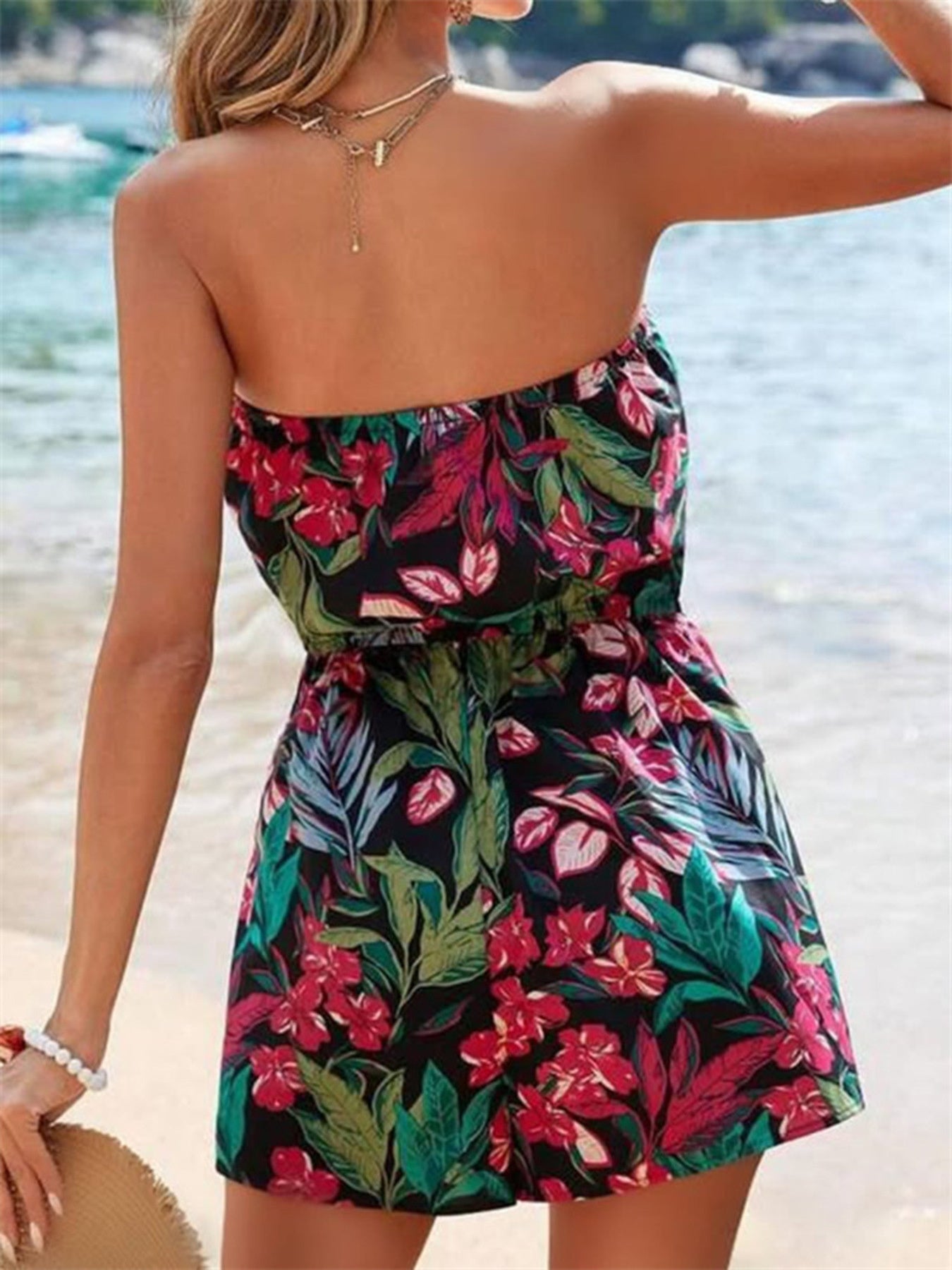 Dames zomerjumpsuit strapless met bloemenprint