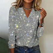 Glitter blouse dames | V-hals top met lange mouwen voor een feest