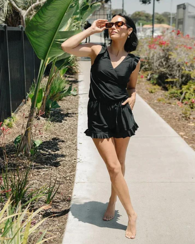 Women's swimsuit V-neck with built-in shorts and bra