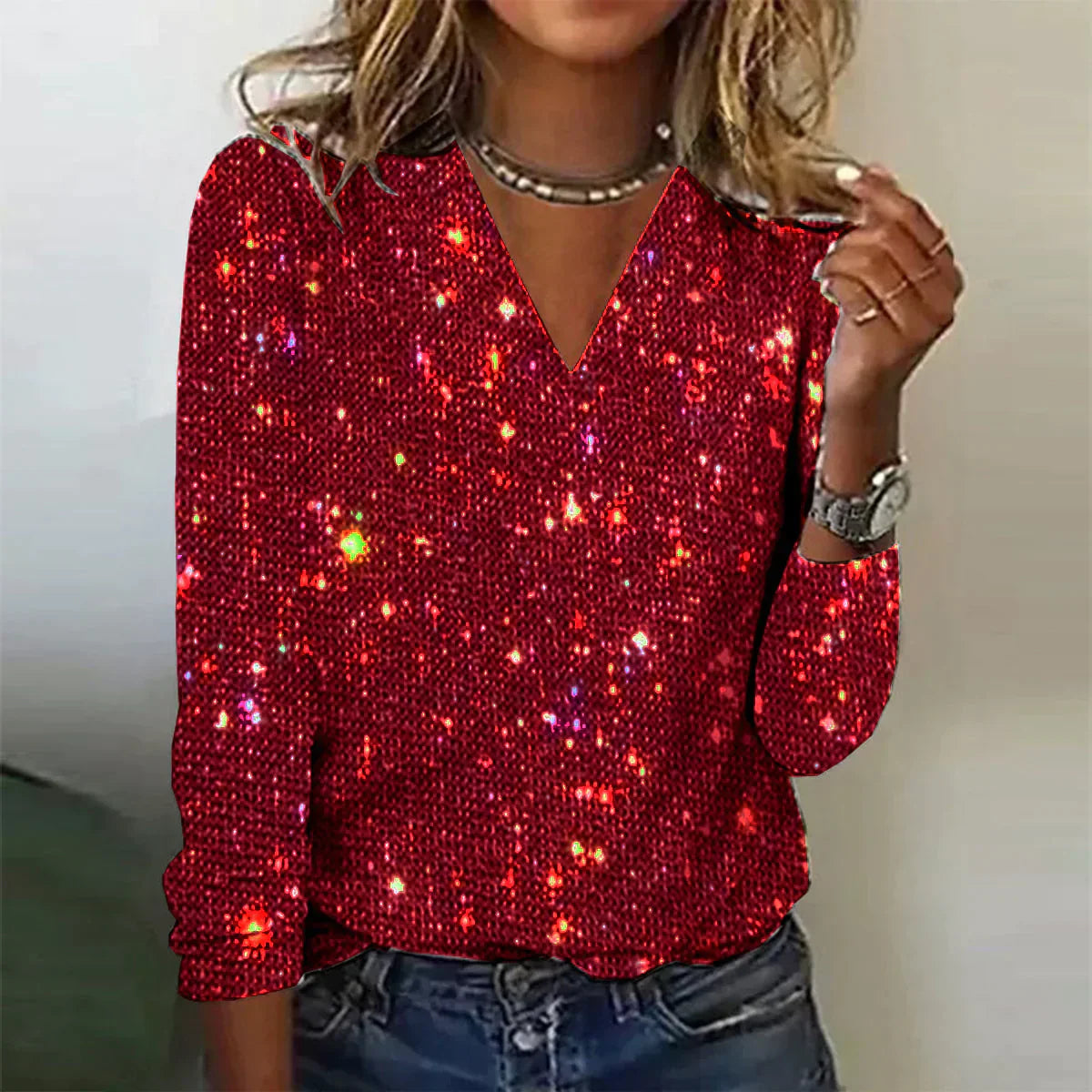 Glitter blouse dames | V-hals top met lange mouwen voor een feest