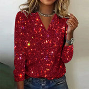 Glitter blouse dames | V-hals top met lange mouwen voor een feest