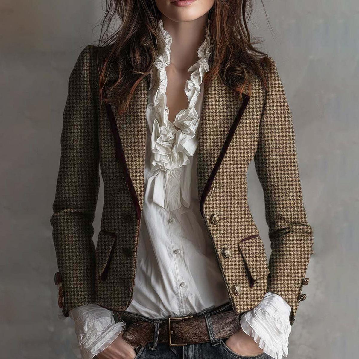 Bruine dames blazer met pied-de-poule patroon | Zakelijke outfit