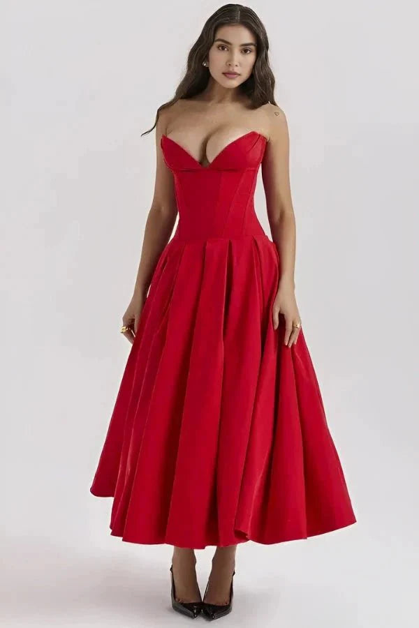 Corset Midi Jurk met Volle Rok
