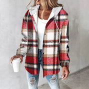 Dames Geruite Overjas met Capuchon | Lange Shacket met Lange Mouw