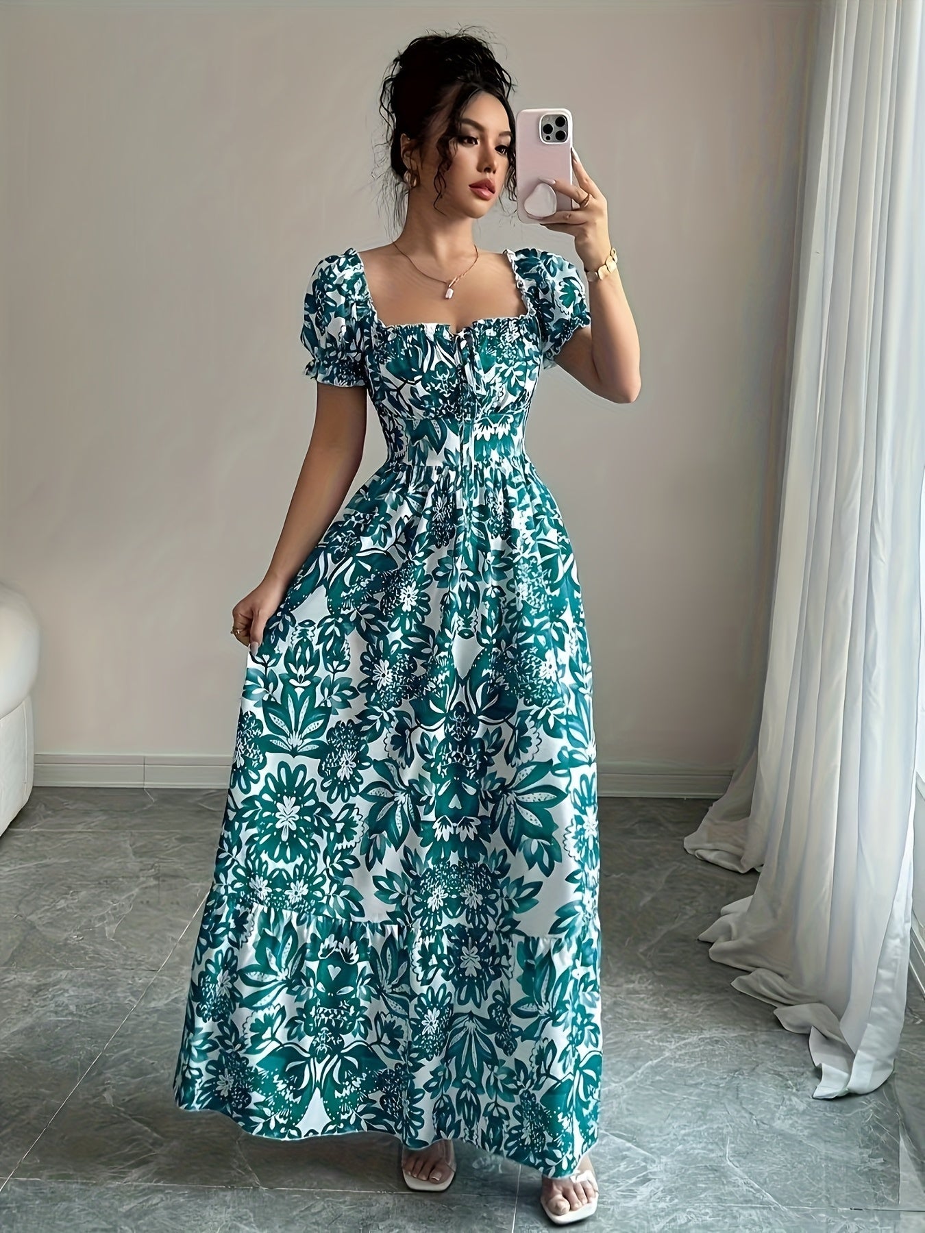 Dames zomerjurk maxi met print en korte pofmouwtjes