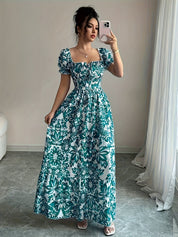 Dames zomerjurk maxi met print en korte pofmouwtjes