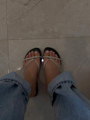 Dames glitter teenslippers plat zomer - Zilver en zwart