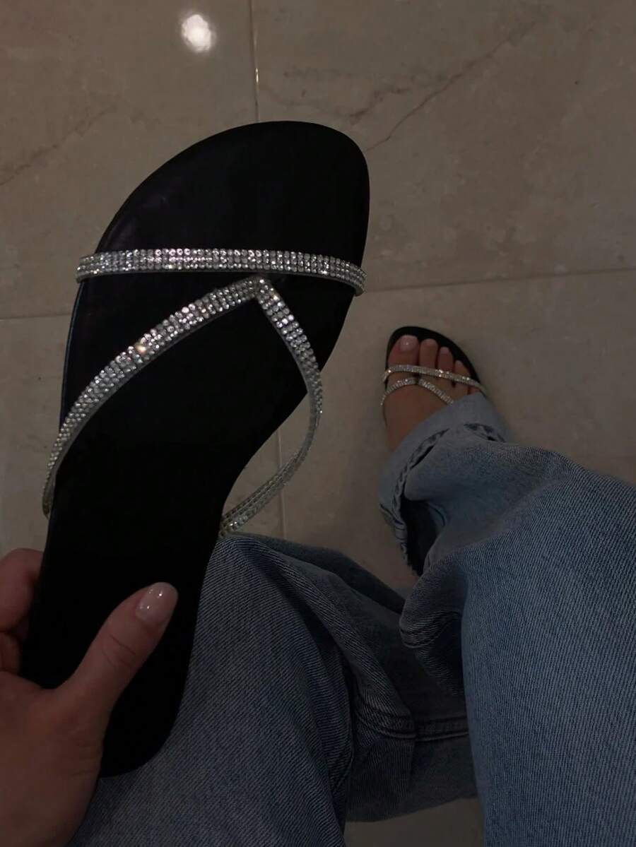 Dames glitter teenslippers plat zomer - Zilver en zwart