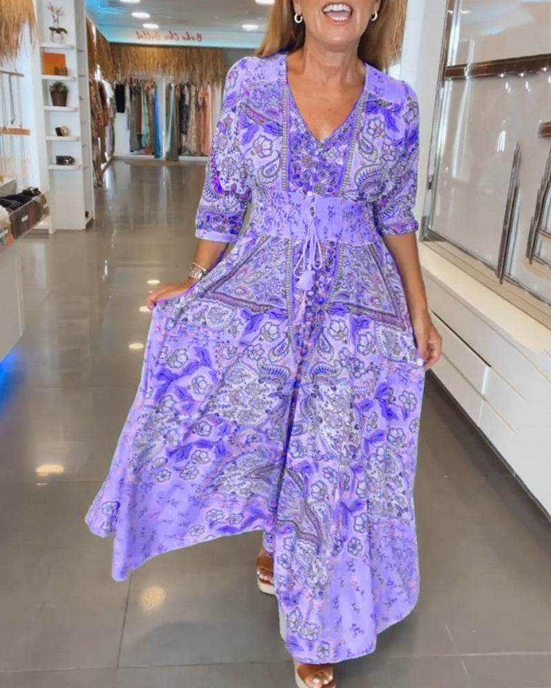 Dames Maxi Jurk Boho Print | Lange Jurk met V-Hals en Gesmokte Taille