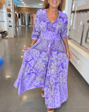 Dames Maxi Jurk Boho Print | Lange Jurk met V-Hals en Gesmokte Taille