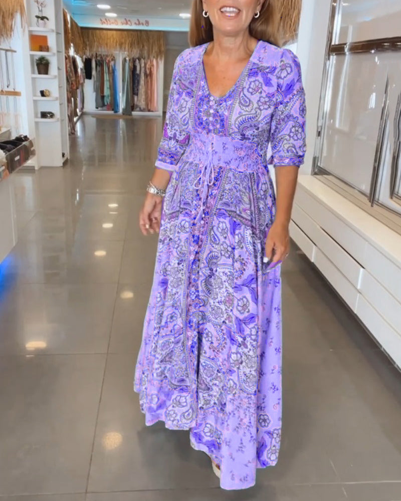Dames Maxi Jurk Boho Print | Lange Jurk met V-Hals en Gesmokte Taille