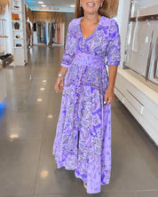 Dames Maxi Jurk Boho Print | Lange Jurk met V-Hals en Gesmokte Taille