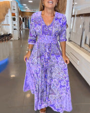 Dames Maxi Jurk Boho Print | Lange Jurk met V-Hals en Gesmokte Taille