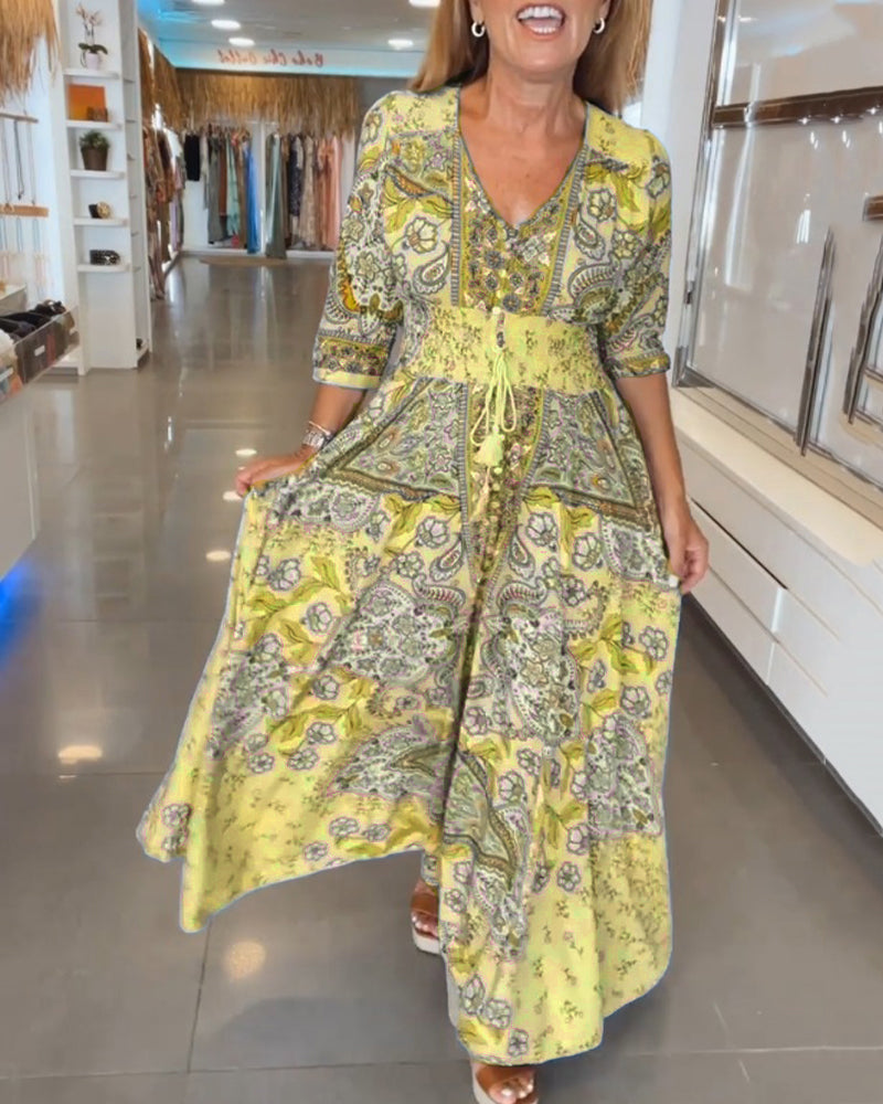 Dames Maxi Jurk Boho Print | Lange Jurk met V-Hals en Gesmokte Taille