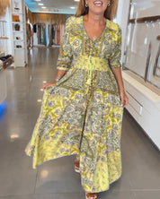 Dames Maxi Jurk Boho Print | Lange Jurk met V-Hals en Gesmokte Taille