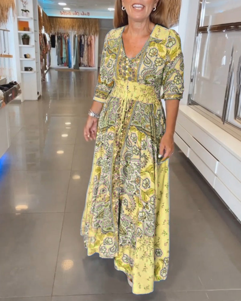 Dames Maxi Jurk Boho Print | Lange Jurk met V-Hals en Gesmokte Taille