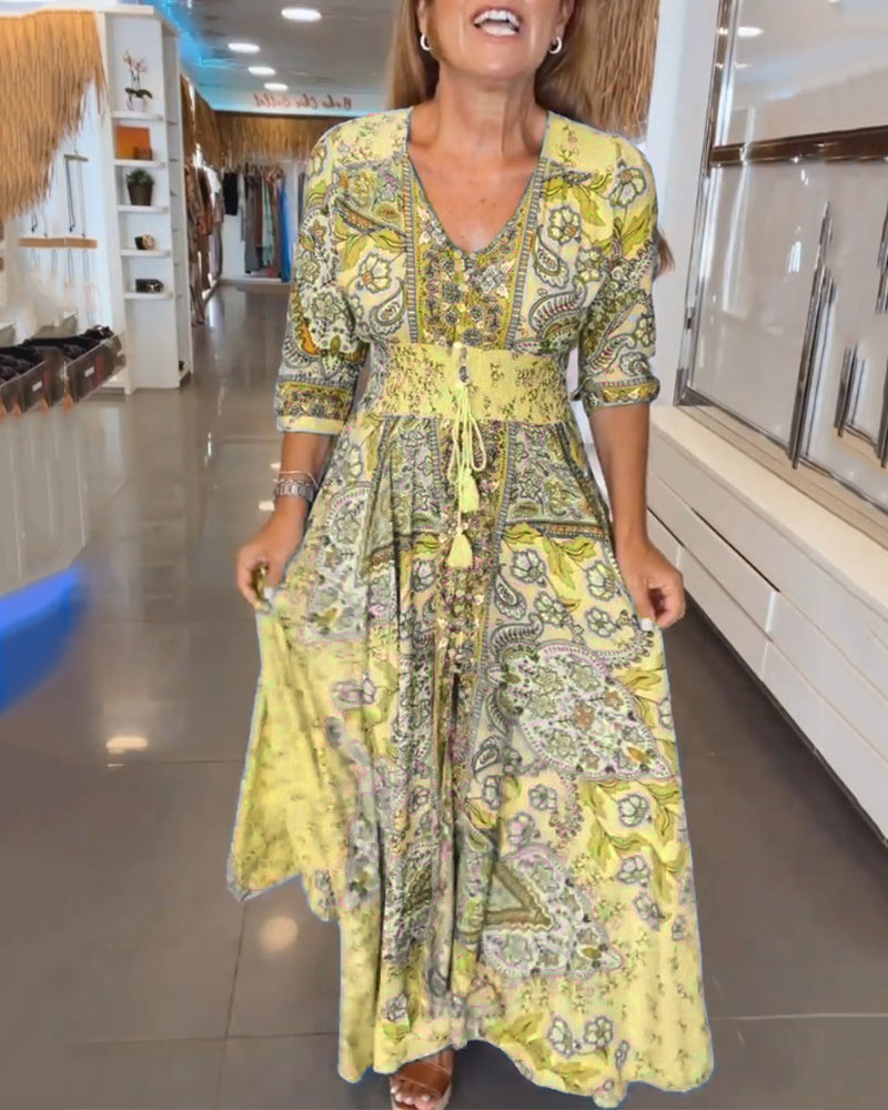 Dames Maxi Jurk Boho Print | Lange Jurk met V-Hals en Gesmokte Taille