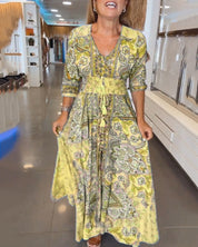 Dames Maxi Jurk Boho Print | Lange Jurk met V-Hals en Gesmokte Taille