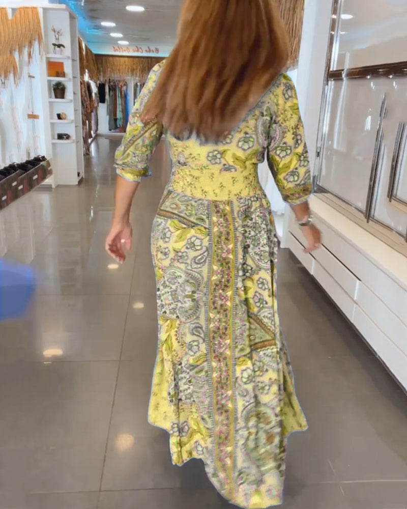 Dames Maxi Jurk Boho Print | Lange Jurk met V-Hals en Gesmokte Taille