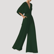 Dames zomerjumpsuit met V-hals en wijde pijpen