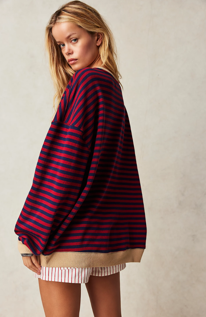 Dames Oversized Sweater met Streepdessin | Ruime Trui met Contrasterende Hals