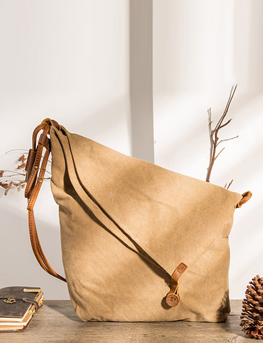 Dames canvas schoudertas | Crossbody met leren look band