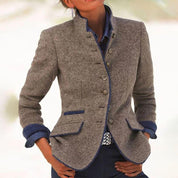 Getailleerd Dames Jasje | Nette Blazer Kantoor | Grijze Blazer met Contrasterende Bies