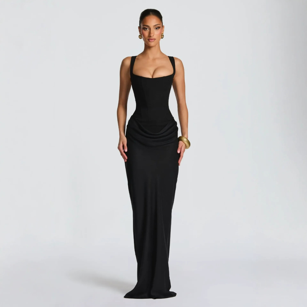 Women's evening dress with square neckline and pleated maxi silhouette
