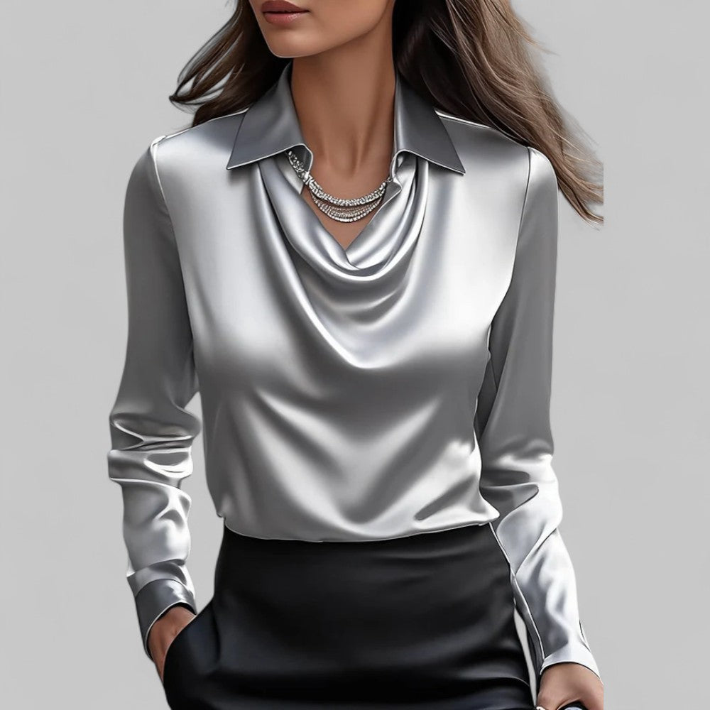 Women's satin blouse with draped neckline