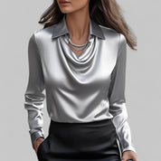Women's satin blouse with draped neckline