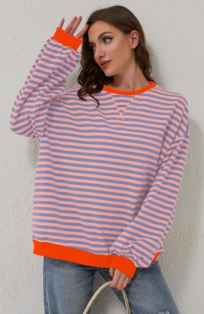 Dames Oversized Sweater met Streepdessin | Ruime Trui met Contrasterende Hals