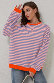 Dames Oversized Sweater met Streepdessin | Ruime Trui met Contrasterende Hals