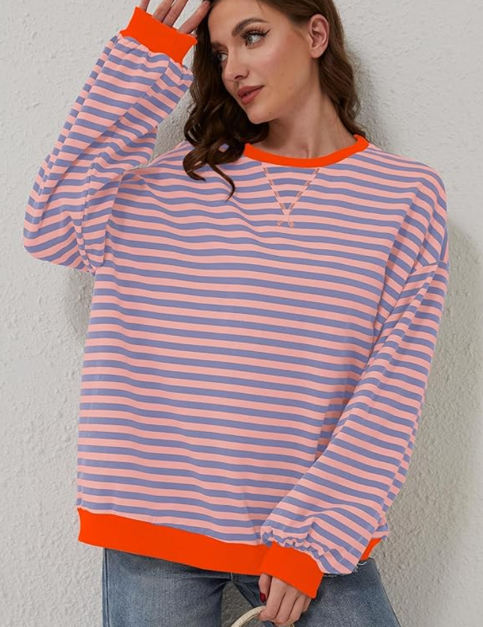 Dames Oversized Sweater met Streepdessin | Ruime Trui met Contrasterende Hals