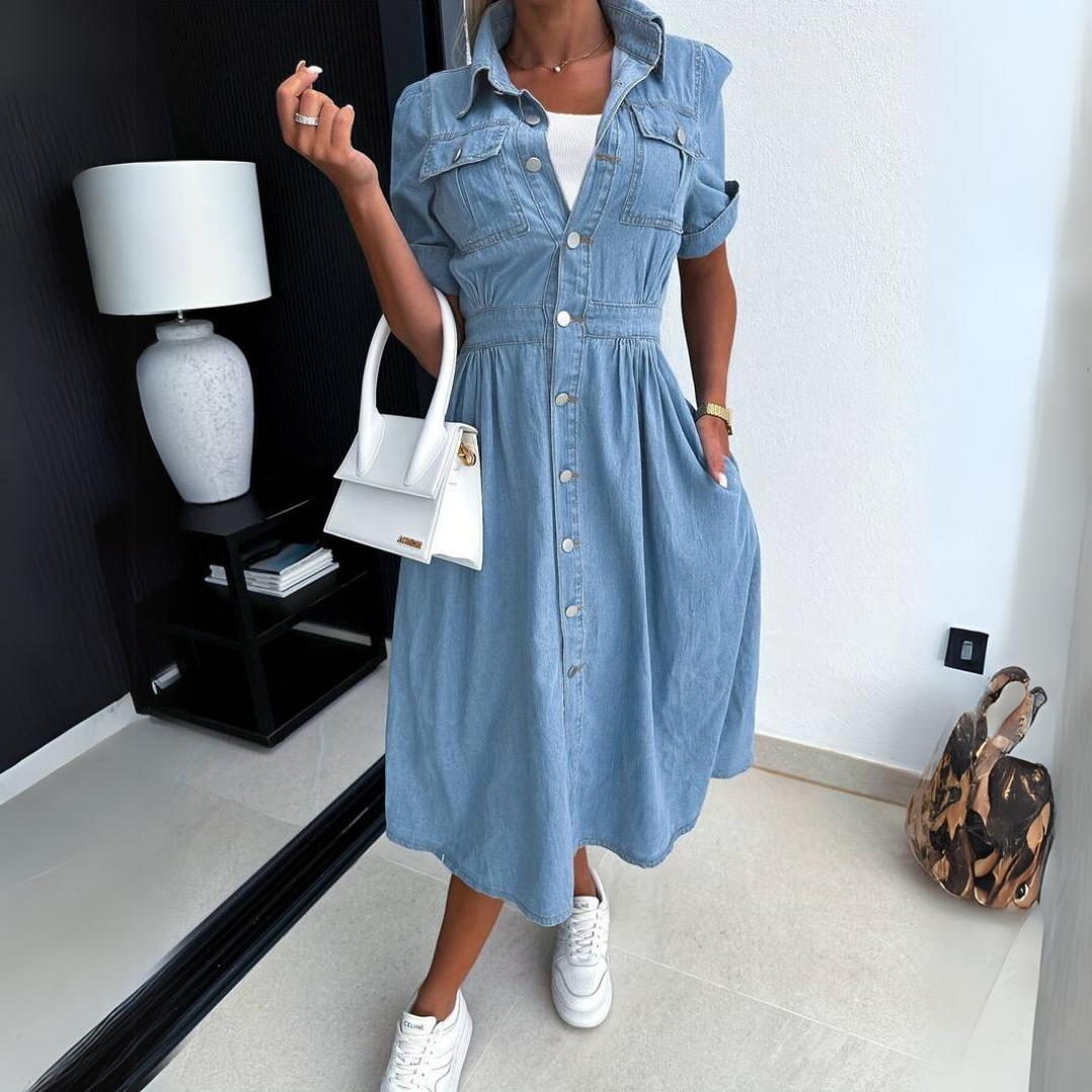 Dames zomerjurk denim met knopen en ceintuur