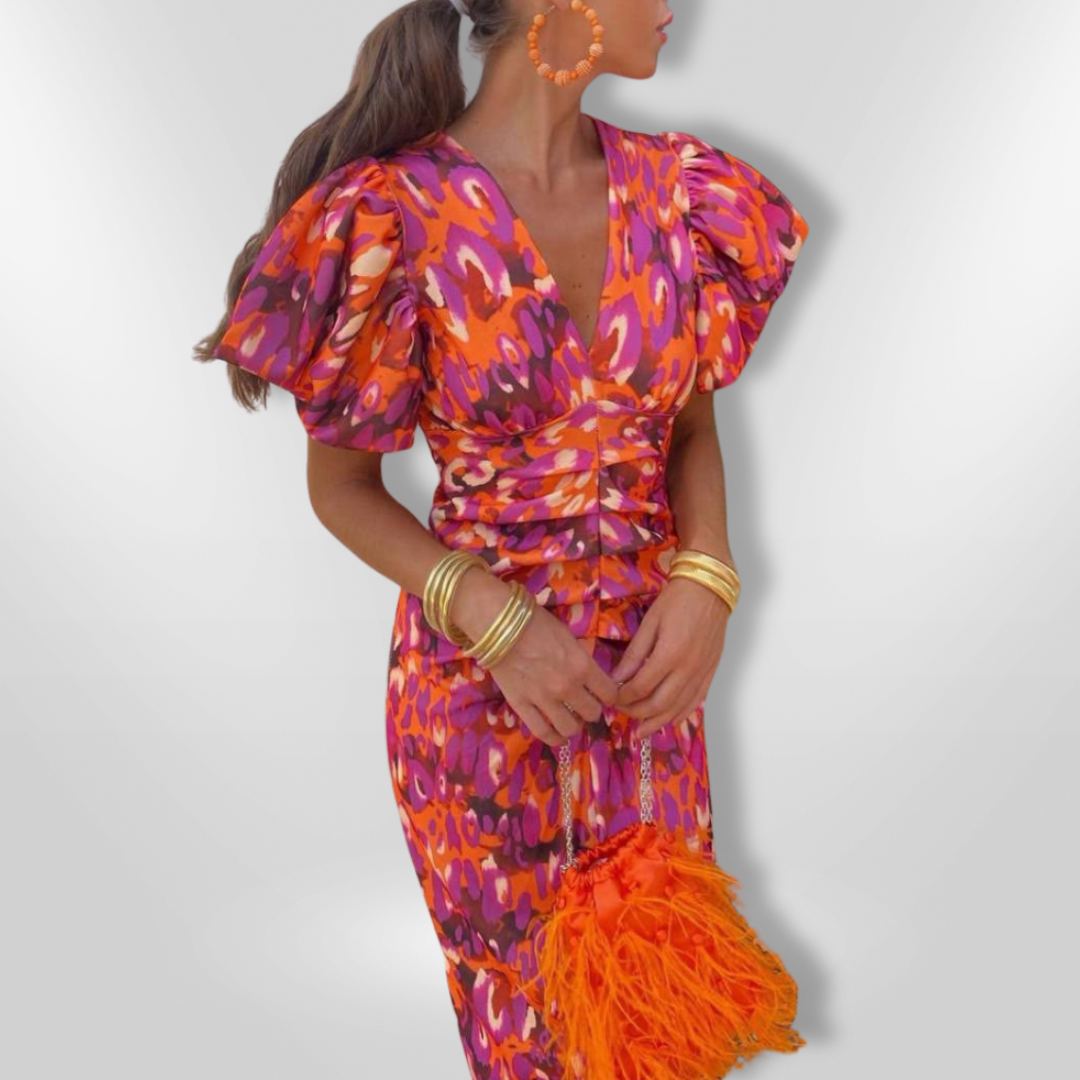 Dames zomerjurk met pofmouwen en twist detail