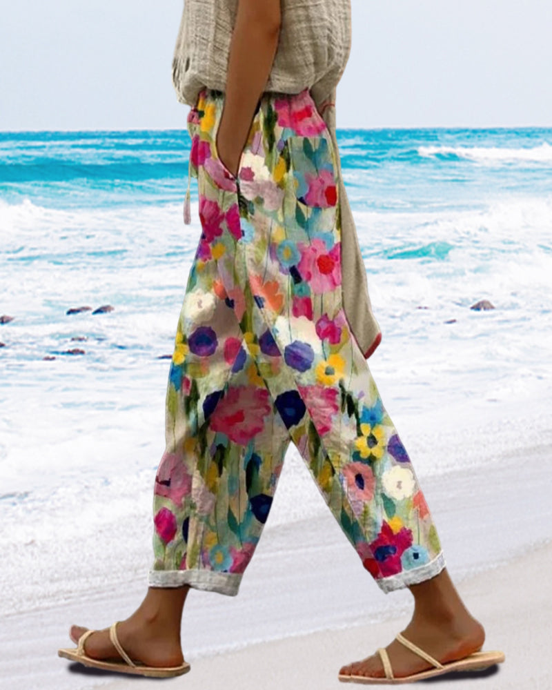 Dames broek | Losvallende bloemenprint broek met elastische taille