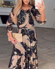 Dames maxzomerjurk A-lijn - Beige met zwarte print