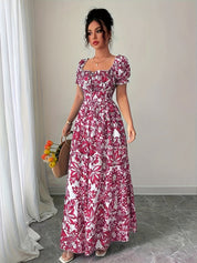 Dames zomerjurk maxi met print en korte pofmouwtjes